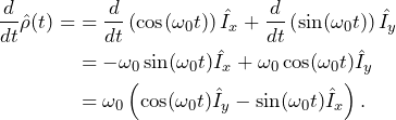 \begin{equation*}\begin{split} \frac{d}{dt}\hat{\rho}(t)=&=\frac{d}{dt}\left( \cos(\omega_0 t)\right) \hat{I}_x+ \frac{d}{dt}\left(  \sin(\omega_0 t)\right) \hat{I}_y\\&=-\omega_0\sin(\omega_0 t)\hat{I}_x+ \omega_0\cos(\omega_0 t) \hat{I}_y\\&=\omega_0 \left(\cos(\omega_0 t)\hat{I}_y -\sin(\omega_0 t)\hat{I}_x\right).\end{split} \end{equation*}