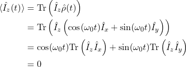\begin{equation*}\begin{split}\braket{\hat{I}_z(t)} & = \text{Tr}\left(\hat{I}_z\hat{\rho}(t)\right)\\& = \text{Tr}\left(\hat{I}_z\left(\cos(\omega_0 t)\hat{I}_x + \sin(\omega_0 t)\hat{I}_y\right)\right)\\& = \cos(\omega_0 t)\text{Tr}\left(\hat{I}_z\hat{I}_x\right) + \sin(\omega_0 t)\text{Tr}\left(\hat{I}_z\hat{I}_y\right)\\& = 0\end{split}\end{equation*}