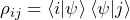 \begin{equation*}     \rho_{ij} = \left\langle i \vert \psi \right\rangle \left\langle \psi \vert j \right\rangle\end{equation*}