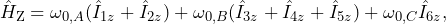 \begin{equation*}\hat{H}_\textrm{Z} = \omega_{0,A}(\hat{I}_{1z}+\hat{I}_{2z}) + \omega_{0,B}(\hat{I}_{3z}+\hat{I}_{4z}+\hat{I}_{5z}) + \omega_{0,C}\hat{I}_{6z},\end{equation*}