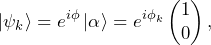 \begin{equation*}\ket{\psi_k}=e^{i\phi}\ket{\alpha}=e^{i\phi_k}\begin{pmatrix}1\\0\end{pmatrix},\end{equation*}