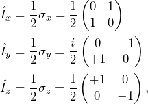 \begin{equation*}\begin{split} \hat{I}_x &=  \frac{1}{2}\sigma_x = \frac{1}{2}\begin{pmatrix}0 & 1\\ 1 & 0 \end{pmatrix} \\ \hat{I}_y &= \frac{1}{2}\sigma_y = \frac{i}{2}\begin{pmatrix}0 & -1\\ +1 & 0 \end{pmatrix} \\ \hat{I}_z &= \frac{1}{2}\sigma_z = \frac{1}{2}\begin{pmatrix}+1 & 0\\ 0 & -1 \end{pmatrix},\end{split}\end{equation*}