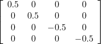 \left[ \begin{array}{cccc} 0.5 & 0 & 0 & 0 \\ 0 & 0.5 & 0 & 0 \\ 0 & 0 & -0.5 & 0 \\ 0 & 0 & 0 & -0.5 \end{array} \right]